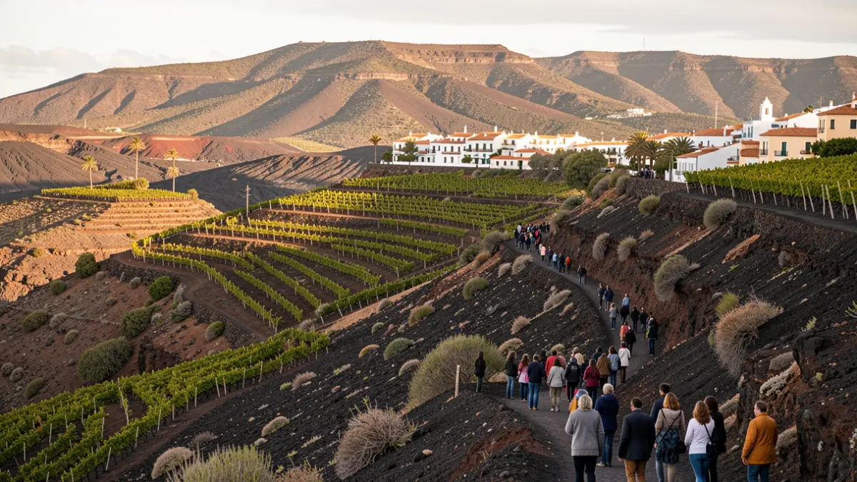 Vineyards on volcanic slopes of Gran Canaria with traditional architecture at sunset.