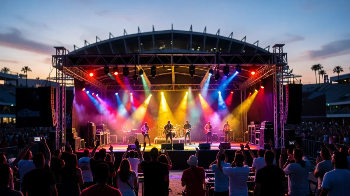 Granca Live Fest stage at the Estadio de Gran Canaria at sunset.