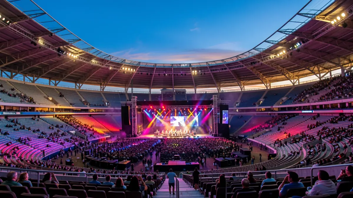 Imagen del Estadio de Gran Canaria preparado para el Granca Live Fest, con el escenario iluminado y las gradas vacías.