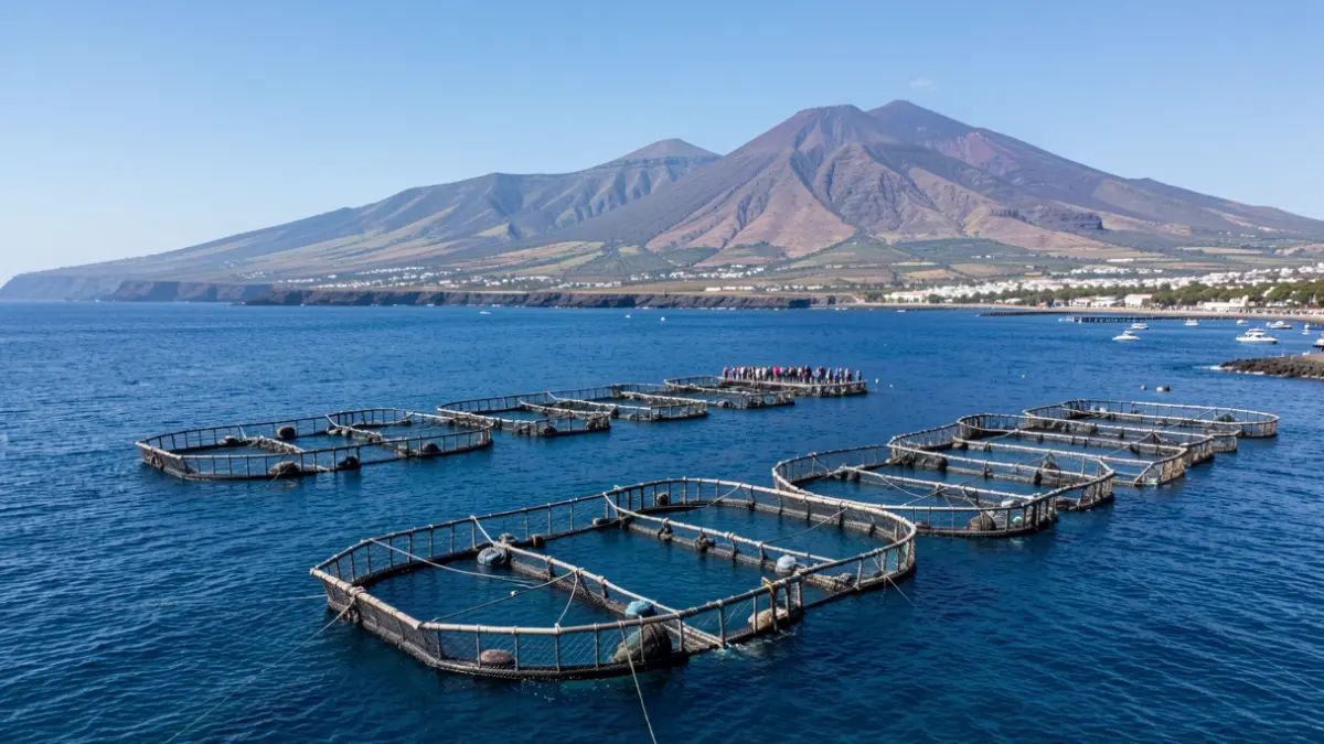 Aerial view of aquaculture cages off the coast of Tenerife, with the island's volcanic landscape in the background.