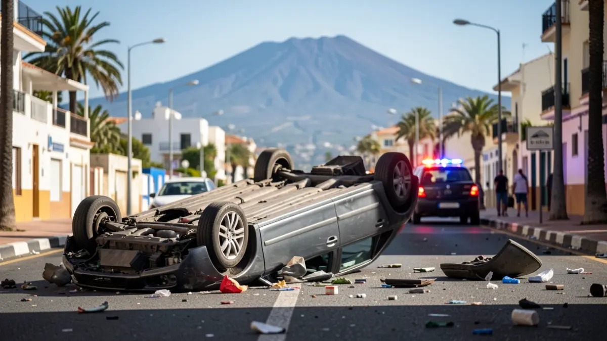 Image of an overturned car on the Ramblas of Santa Cruz de Tenerife after an accident, with emergency vehicles at the scene.