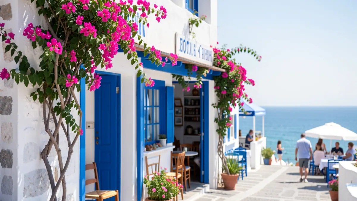 Fachada de un restaurante griego tradicional con detalles en azul y blanco.