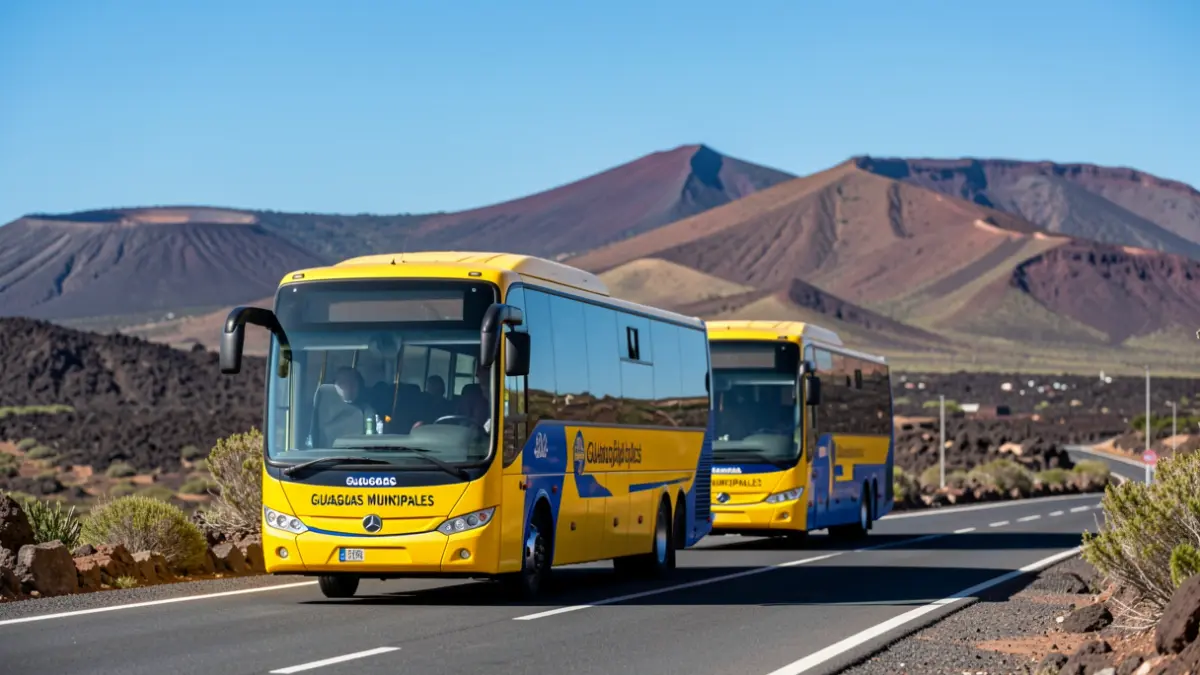 Guaguas Municipales bus driving through Gran Canaria with volcanic landscape.