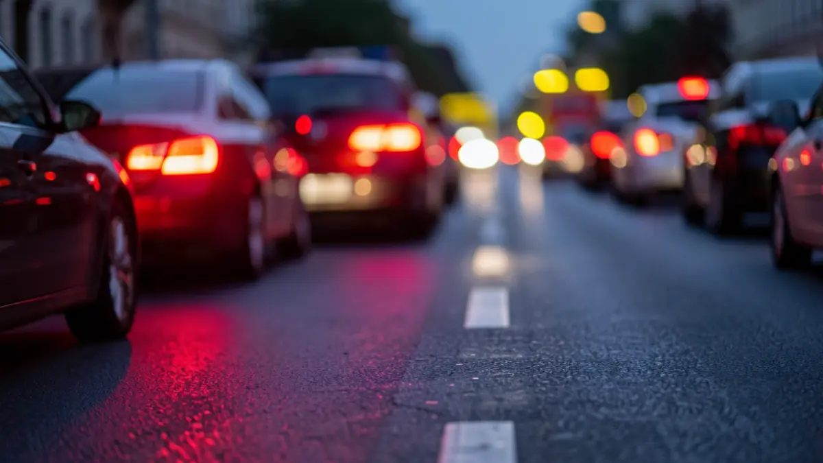 Generic image of red brake lights in a traffic jam.
