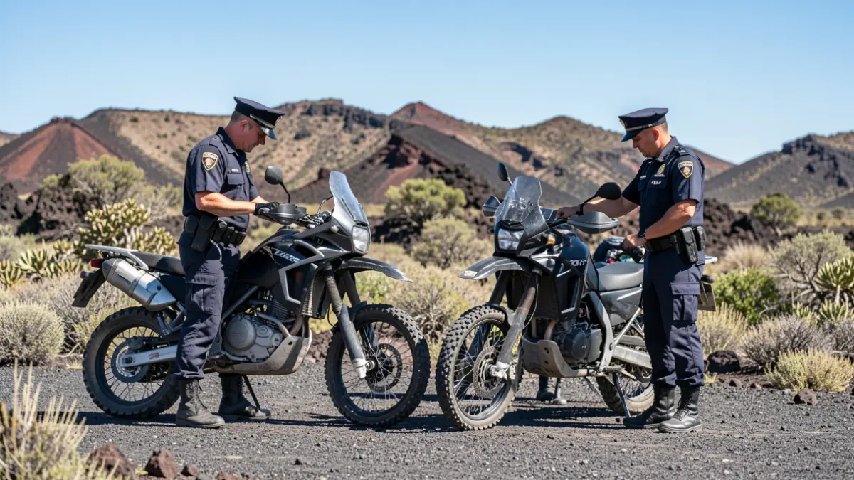 Generic image of Guardia Civil officers inspecting motorcycles in a protected natural area of Fuerteventura.
