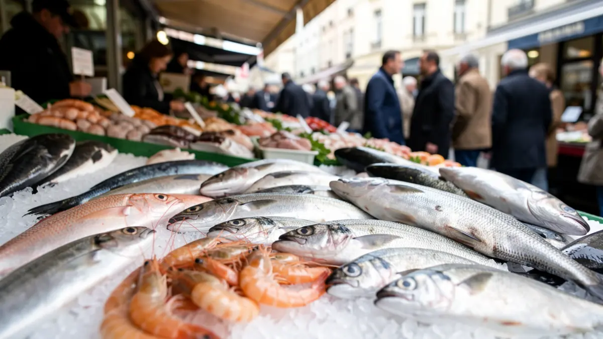 Imagen genérica de pescado y marisco fresco en un puesto de mercado.