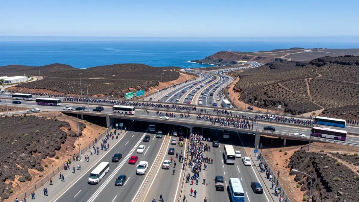 Aerial view of a highway in Gran Canaria with heavy traffic and volcanic landscape.