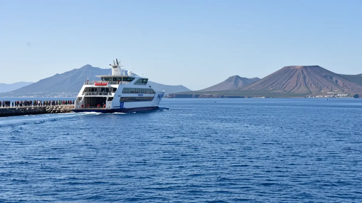 Ferry navegando entre las islas Canarias con paisajes volcánicos al fondo.