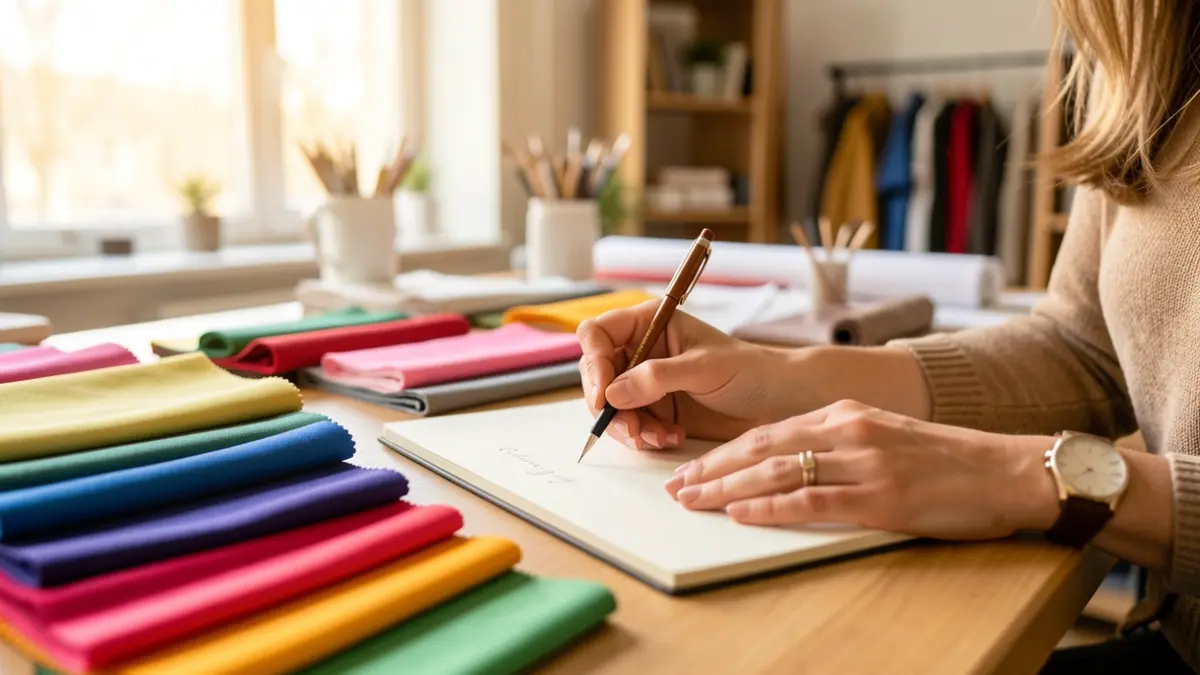 Fashion designer's hands sketching designs with colorful fabrics.