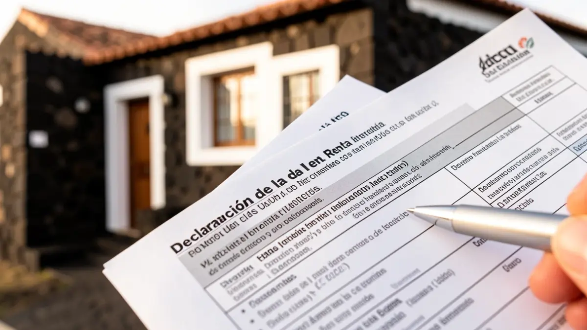 Spanish tax form (Declaración de la Renta) highlighting mortgage deductions, with a Canarian house facade in the background.