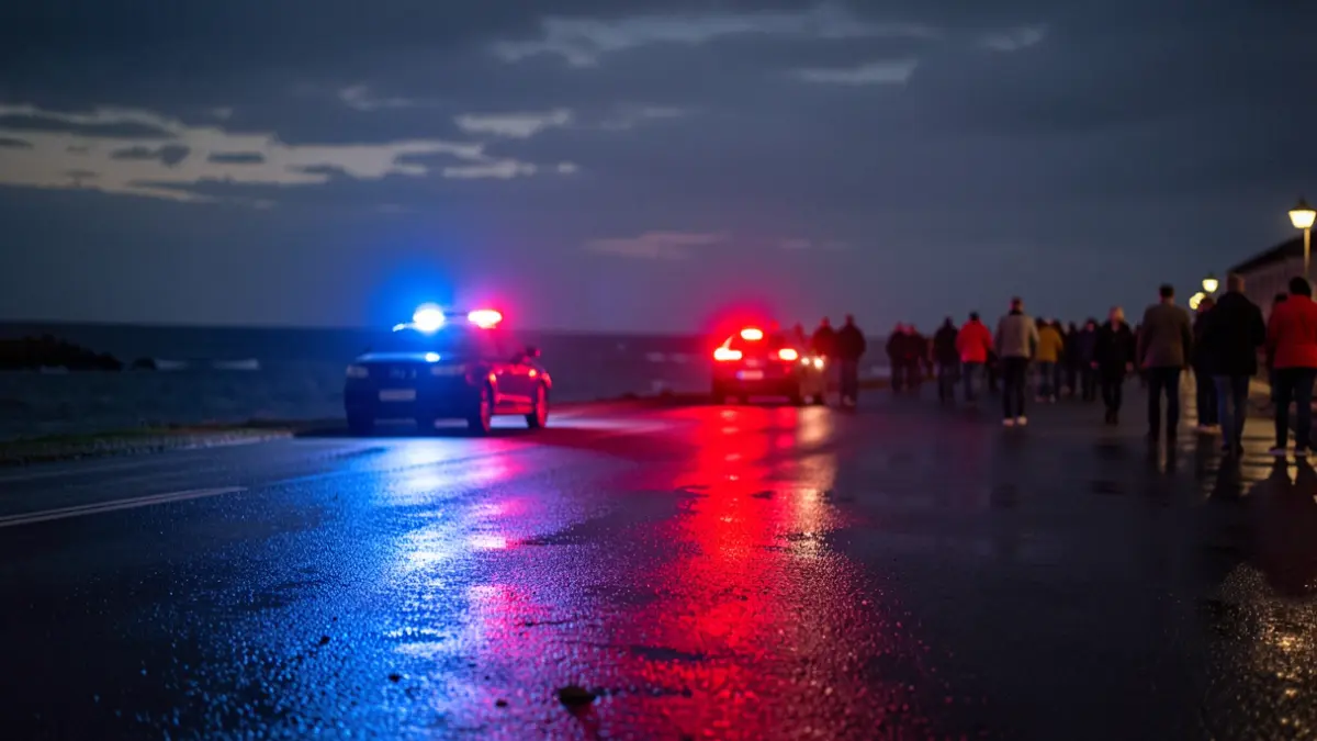 Imagen genérica de luces de emergencia policiales reflejándose en el asfalto mojado por la noche.