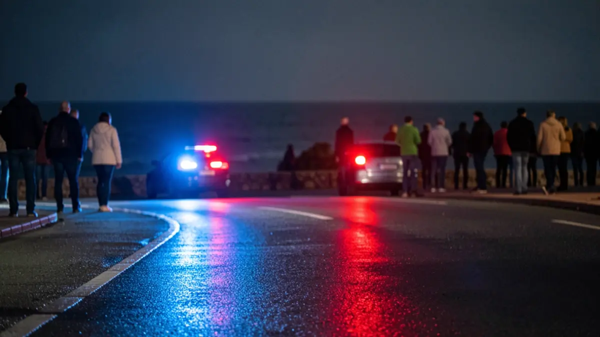 Imagen genérica de luces de emergencia policiales reflejándose en el asfalto mojado junto al mar.