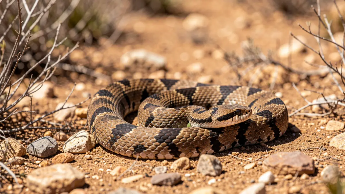 Imagen genérica de una serpiente real californiana en un entorno árido.
