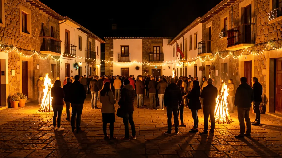 Image of a traditional square in the Canary Islands during a night celebration with bonfires.