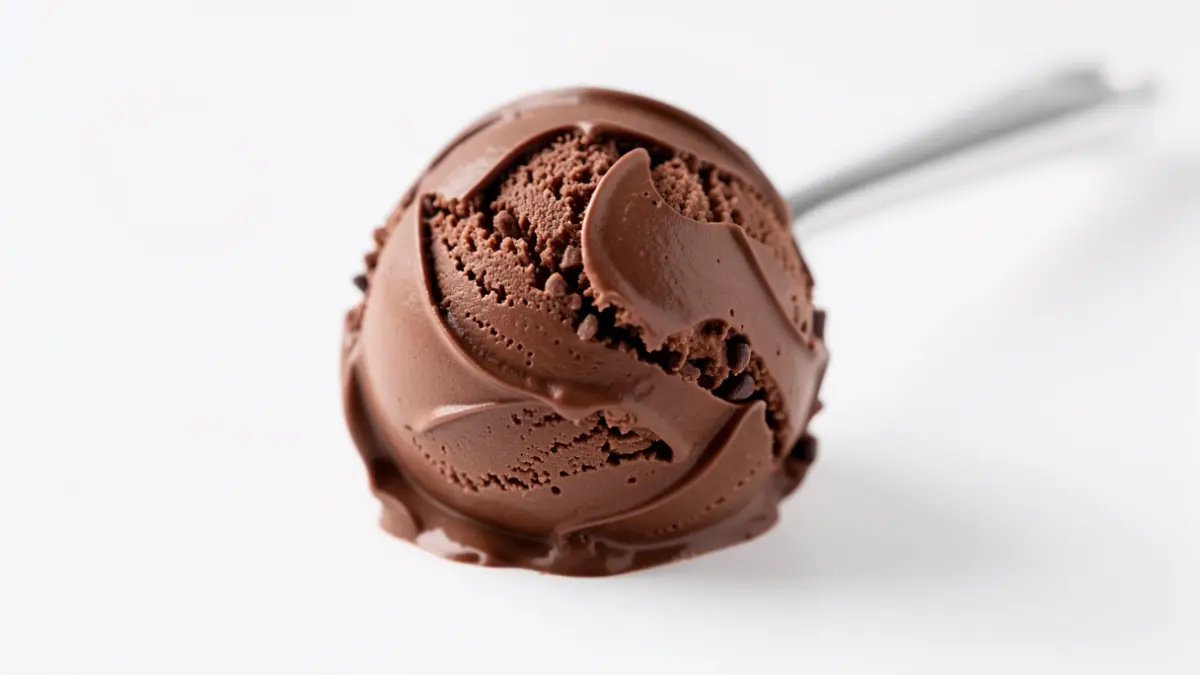 Primer plano de un helado artesanal de chocolate con textura de cacao.