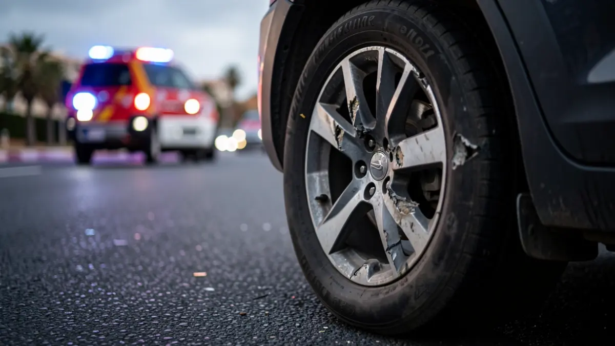 Primer plano de la rueda de un coche volcado con luces de emergencia borrosas al fondo en una carretera de Gran Canaria.