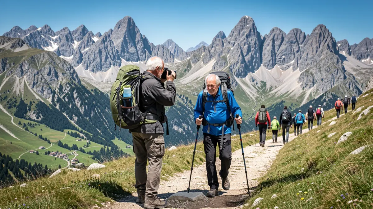 Two elderly brothers hiking in the Picos de Europa, one filming the other with a mountainous landscape in the background.