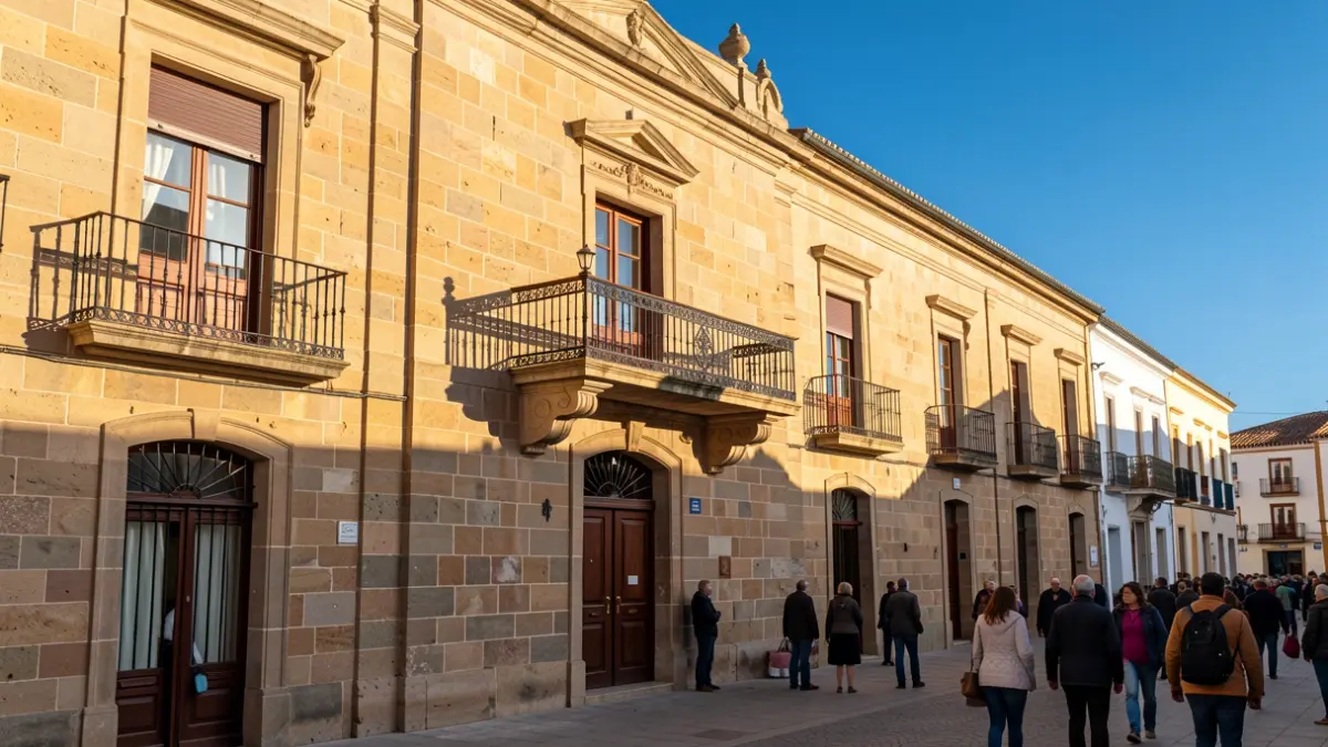Facade of a traditional stone Canarias town hall with an ornate balcony and iron railings, under warm afternoon sunlight.