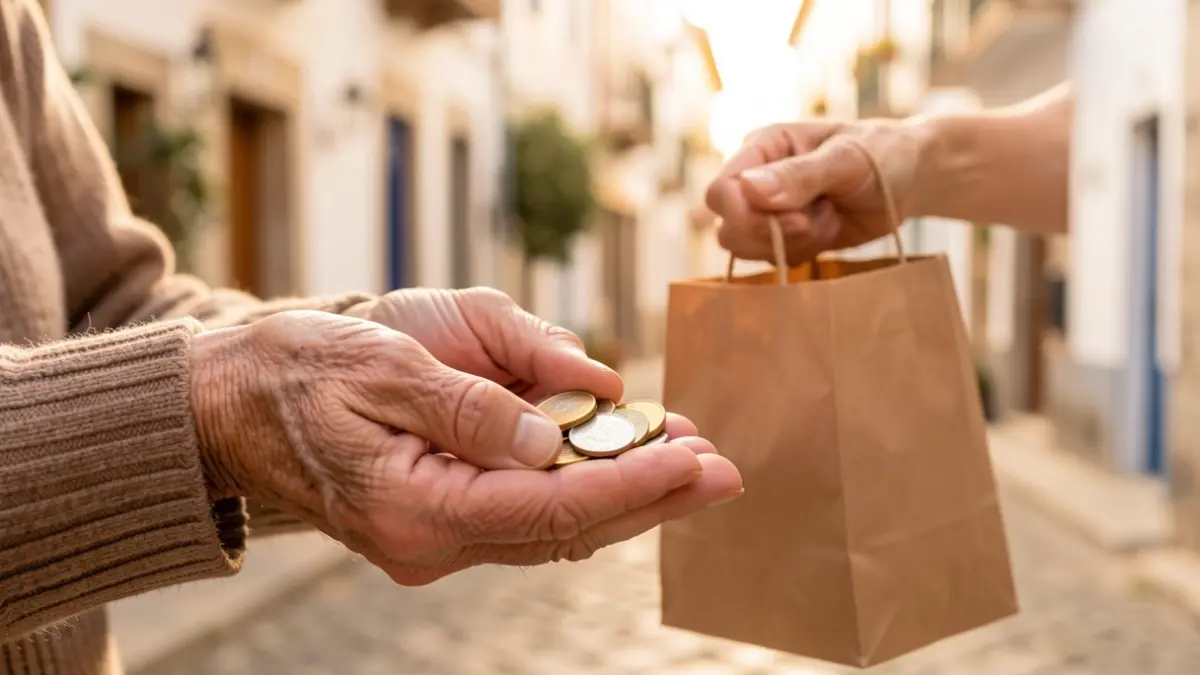 Elderly hands holding a few coins and a grocery bag.