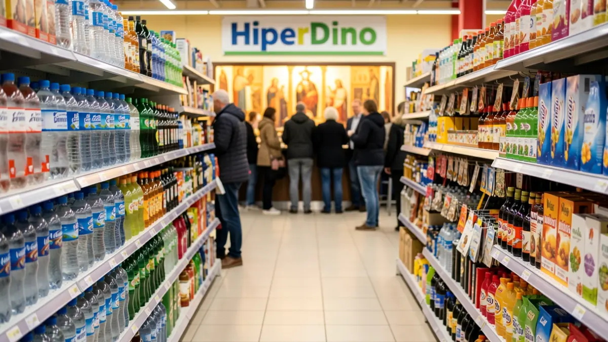 Generic image of a HiperDino supermarket with products for pilgrims.