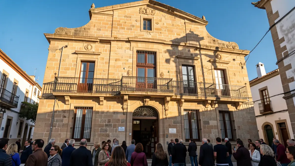 Fachada de piedra de un ayuntamiento canario con balcón ornamentado y barandillas de hierro, luz cálida de la tarde proyectando sombras sobre los muros de arenisca, cielo azul.