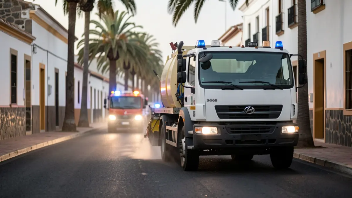 Generic image of a street cleaning truck with blurred emergency lights in Las Palmas de Gran Canaria.