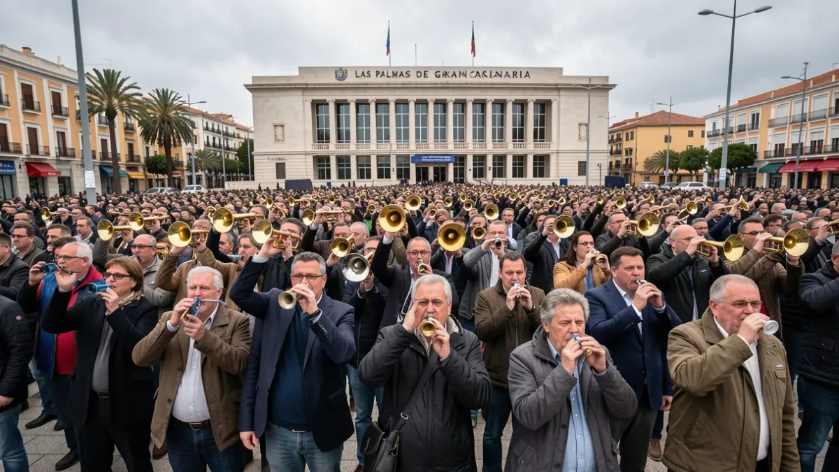 Imagen de trabajadores municipales protestando frente al Ayuntamiento de Las Palmas de Gran Canaria con pitos y bocinas.