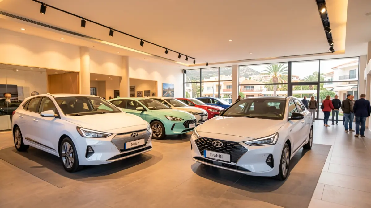 Generic image of a Hyundai dealership in the Canary Islands with various car models.