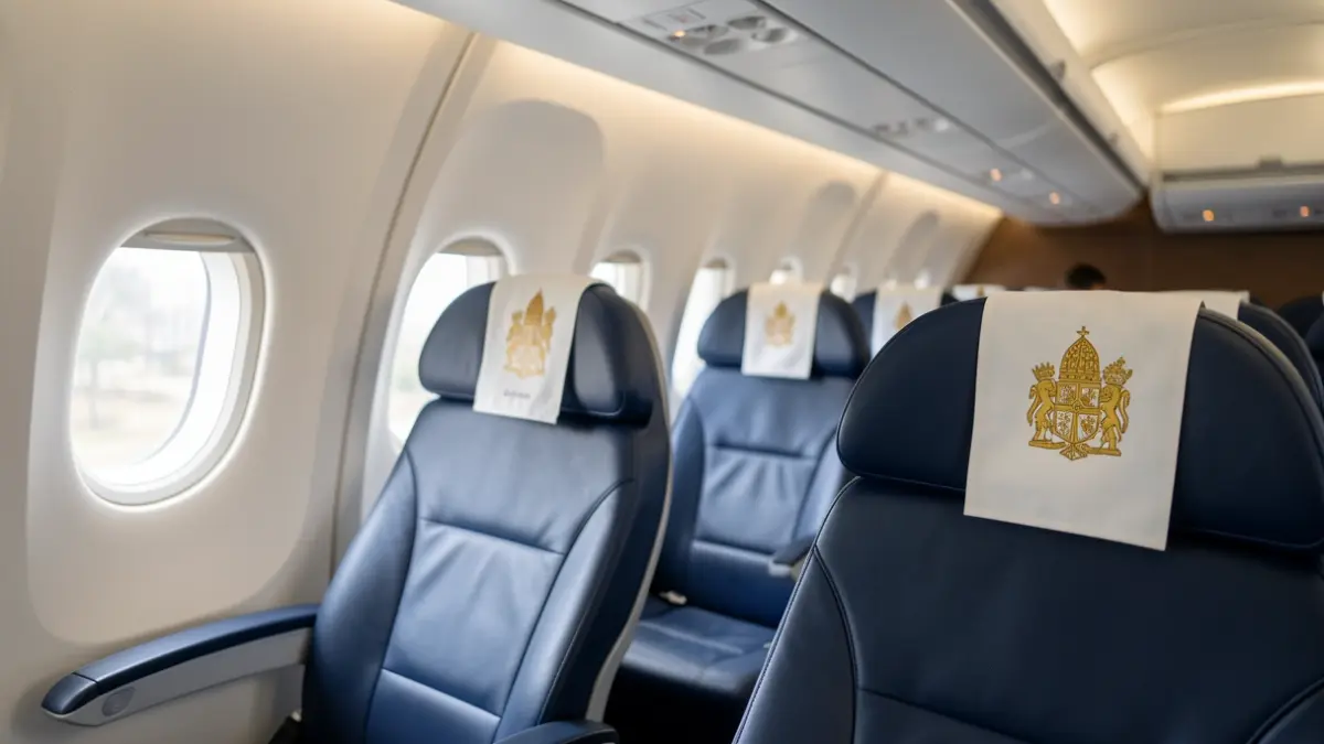 Interior de avión adaptado para el Papa con detalles del escudo papal y música.