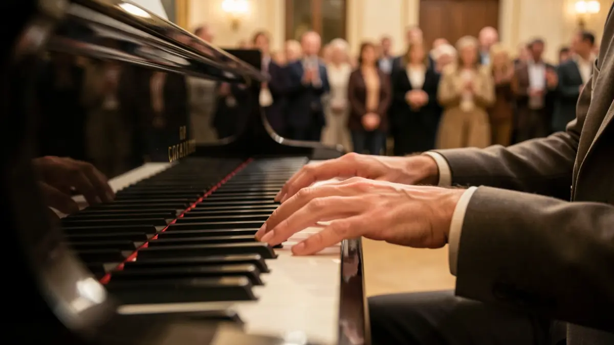 Close-up of a grand piano keyboard with hands gracefully playing.