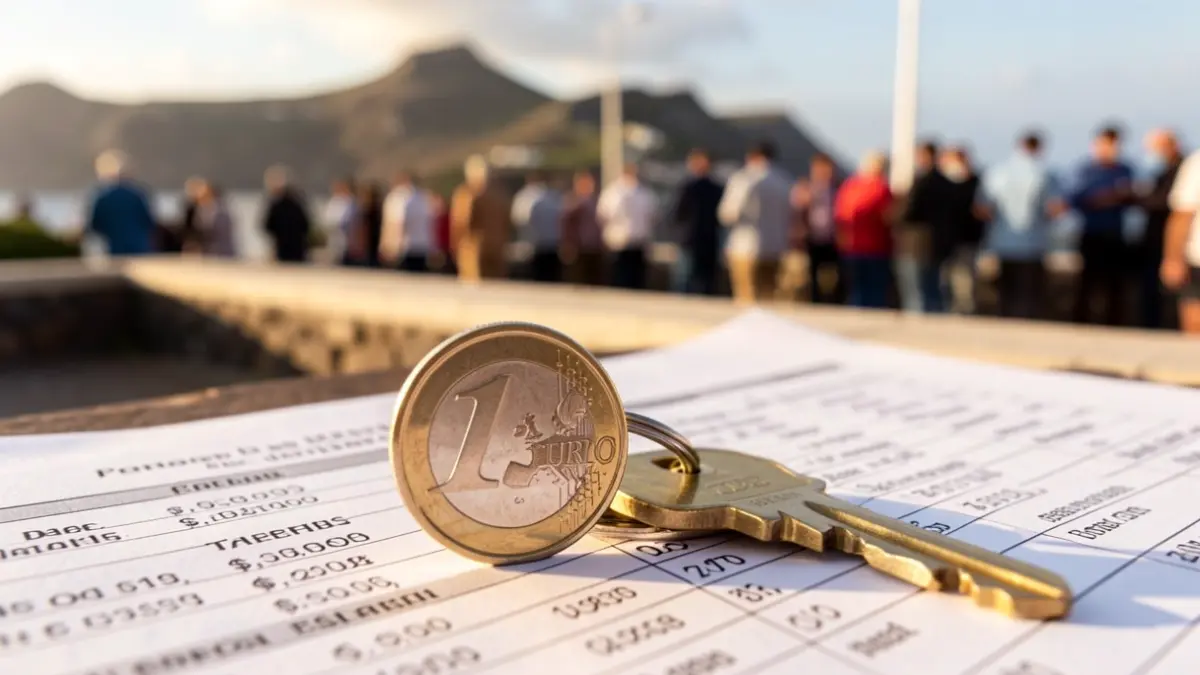 Primer plano de una moneda de euro española y una llave de casa sobre un documento de impuestos sobre la propiedad, con un paisaje de Canarias desenfocado al fondo.