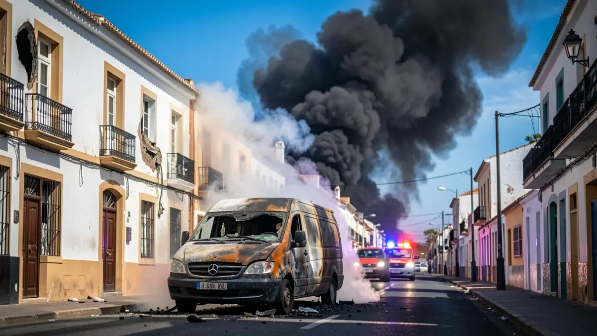 Furgón calcinado en La Laguna con daños en una fachada y columna de humo negro.