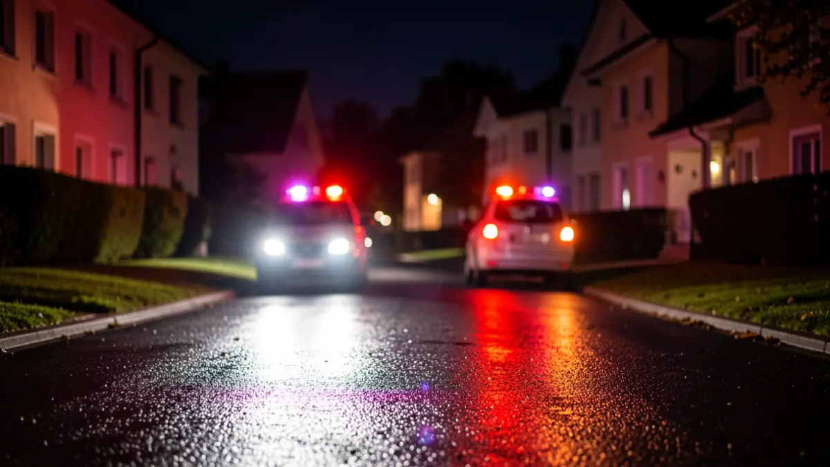 Generic image of emergency lights reflecting on wet asphalt at night.