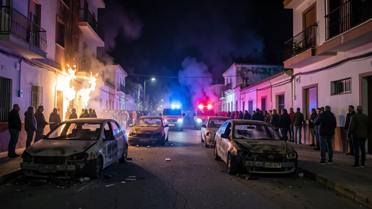 Generic image of a nighttime fire on Benartemi street, La Isleta, with burnt-out vehicles and an affected housing facade.