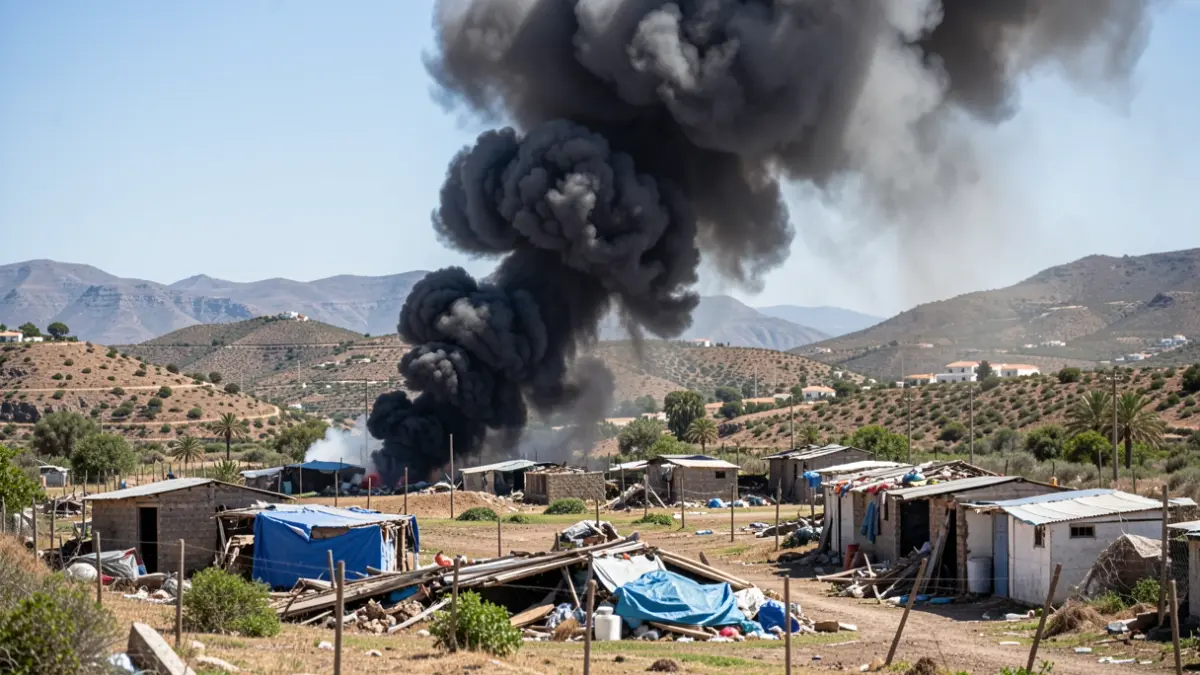 Generic image of a large column of black smoke rising over a rural area with debris and structures.