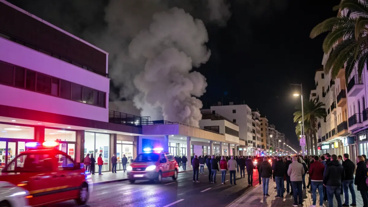 Imagen de humo saliendo de un local comercial por la noche en Santa Cruz de Tenerife, con luces de emergencia.