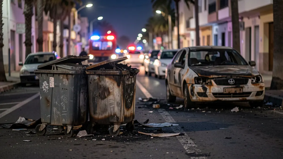 Imagen de contenedores y un coche calcinados en Arrecife tras varios incendios nocturnos.