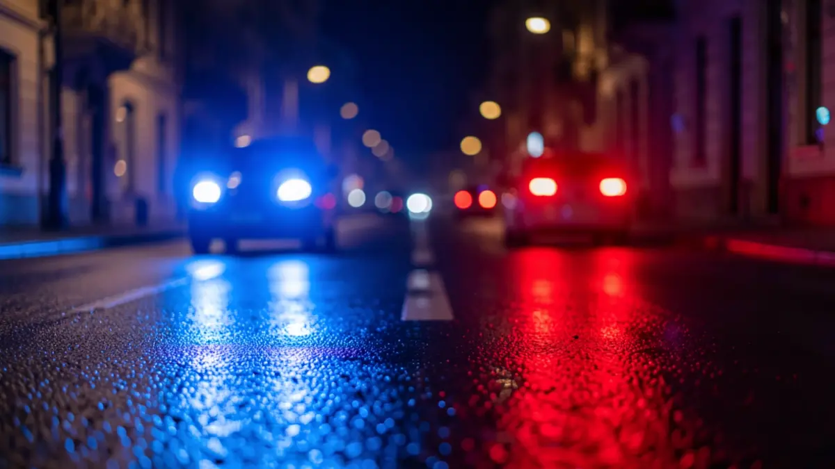 Imagen genérica de luces de emergencia policiales reflejando en asfalto mojado por la noche.