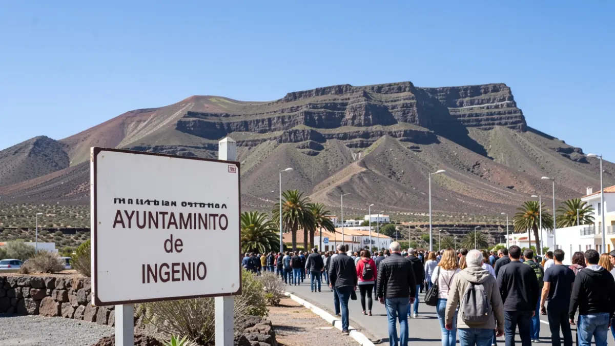 Facade of the Ingenio Town Hall with volcanic landscape in the background.
