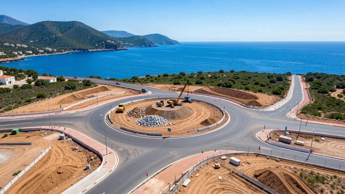 Imagen aérea de una nueva rotonda en construcción en la carretera GC-200 en Mogán, Gran Canaria.