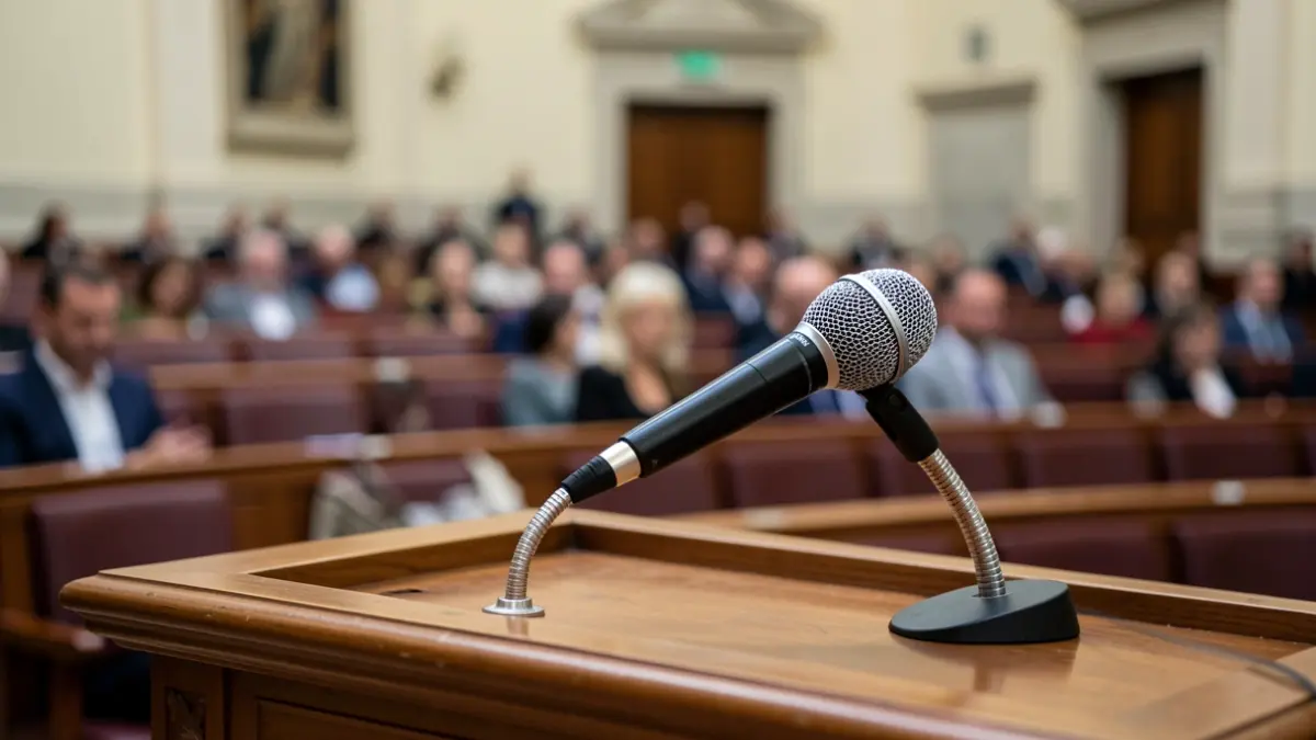 Micrófono en un atril en el Parlamento de Canarias.