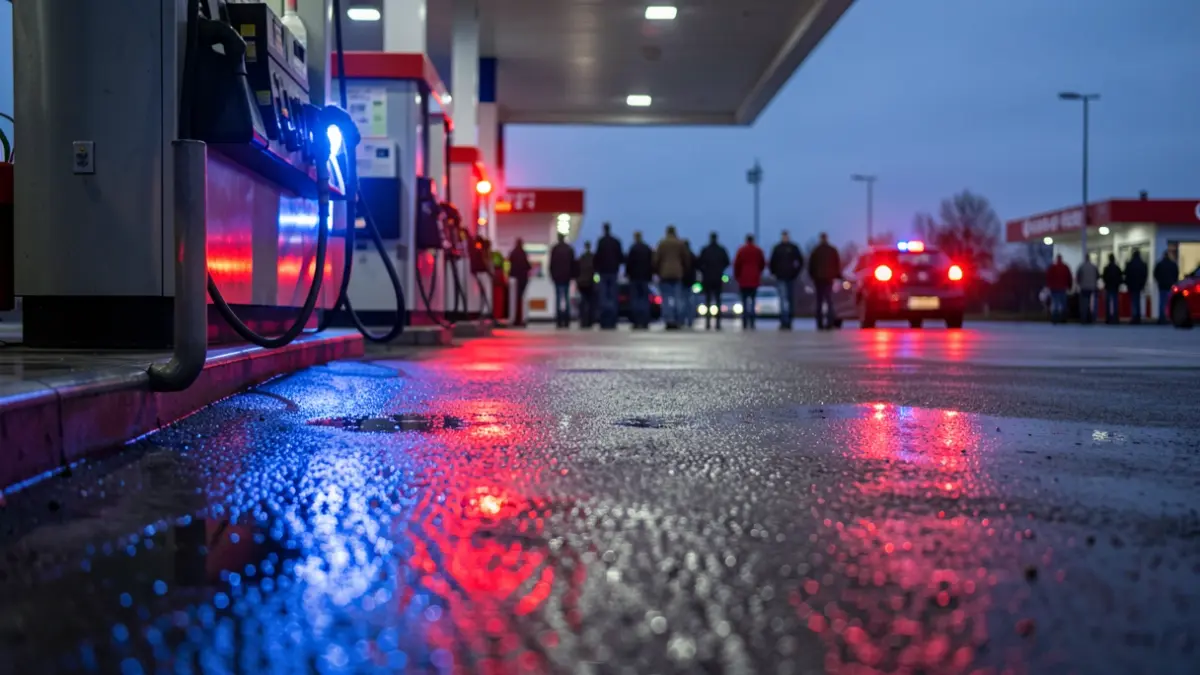 Imagen genérica de surtidores de gasolina con luces de emergencia reflejadas en el asfalto mojado.