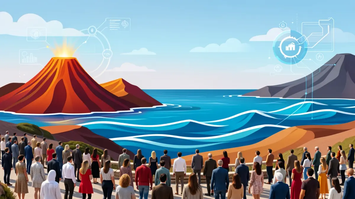 Imagen abstracta que representa la diversificación económica y el crecimiento de la industria de la animación en Canarias, con elementos simbólicos.