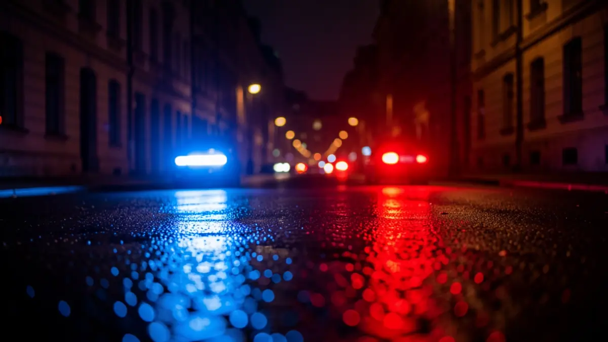 Imagen genérica de luces de emergencia policiales reflejándose en el asfalto mojado por la noche.
