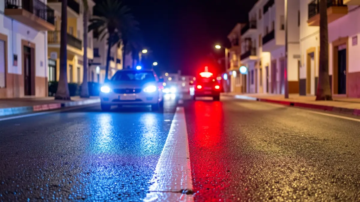 Generic image of police emergency lights reflecting on asphalt at night.