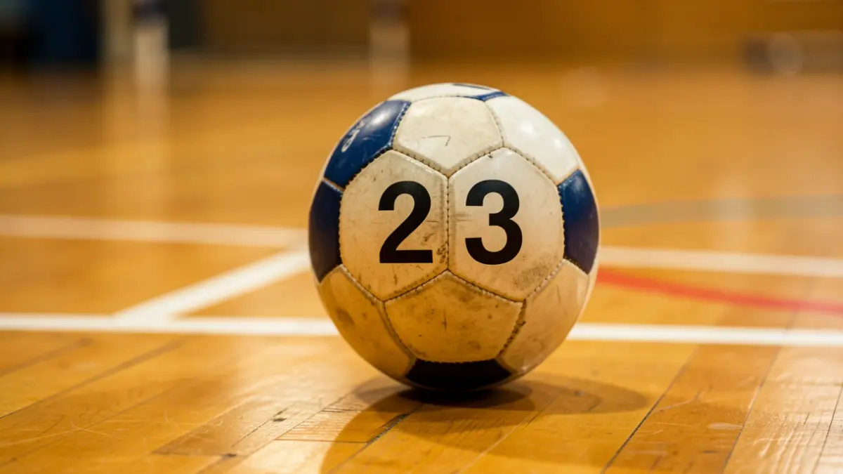 Primer plano de un balón de balonmano con el número 23 sobre suelo de madera, con líneas de cancha deportiva desenfocadas al fondo.