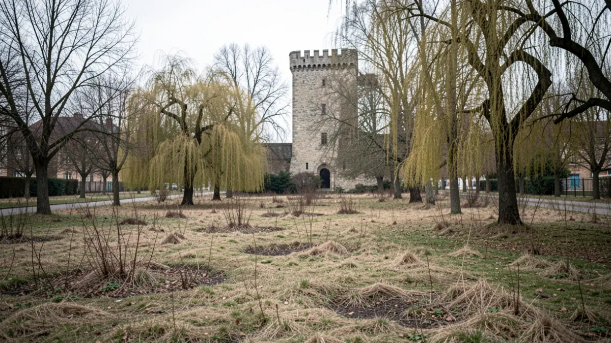 Generic image of a deteriorated park with dry grass and sparse vegetation.