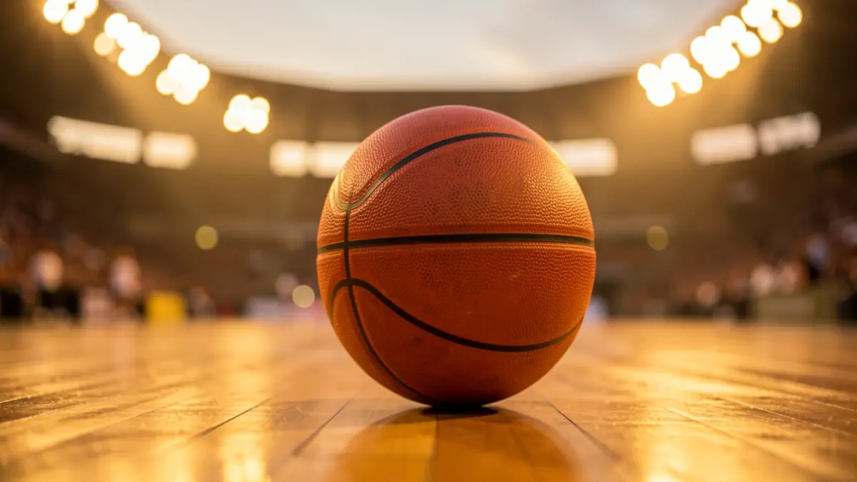 Generic image of a basketball on a wooden court.