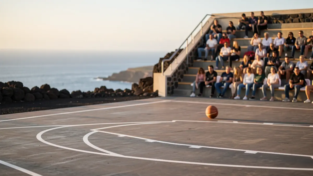 Imagen genérica de una cancha de baloncesto en Canarias con el paisaje volcánico y el mar al fondo.