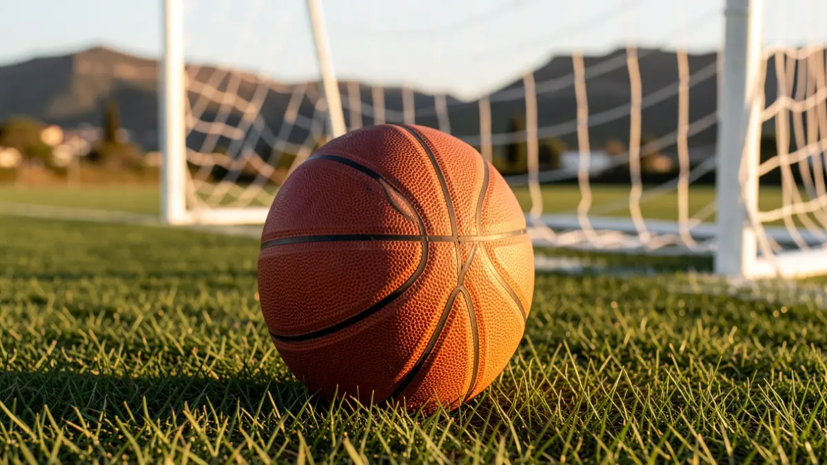 Generic image of a basketball on grass with a blurred goal net at sunset.